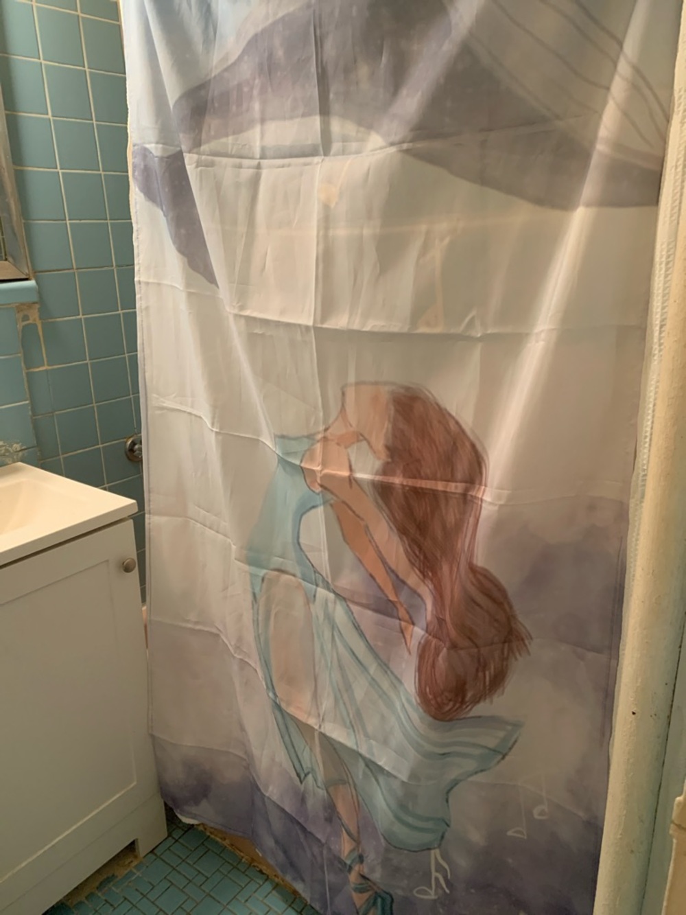 Watercolor Ballet Girl Shower Curtain in Blue and Pink